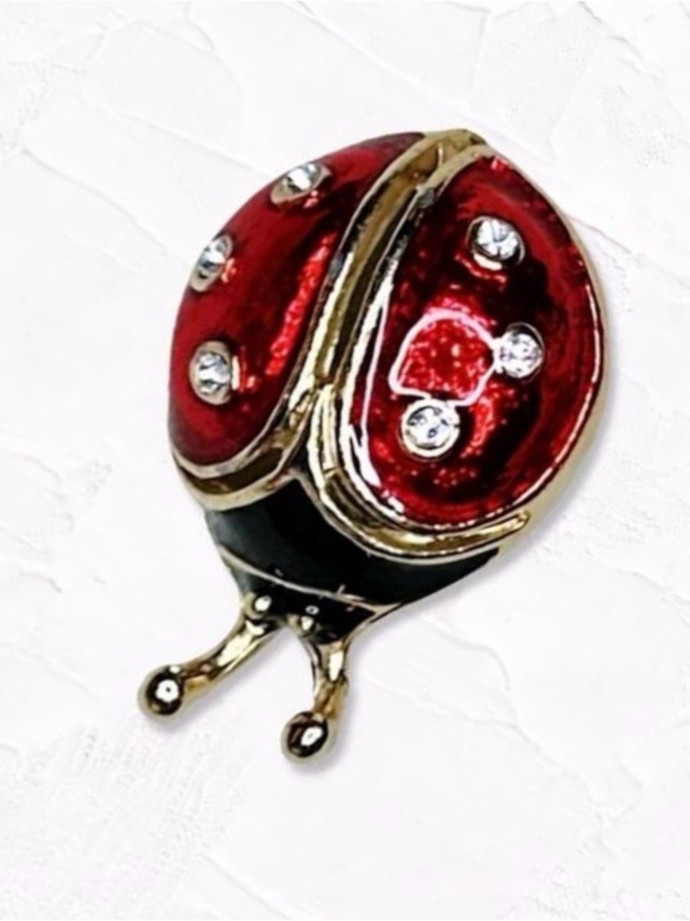 Vintage Ladybug Brooch, Red & Black Enamel w/ Clear Rhinestones, Gold Tone Frame